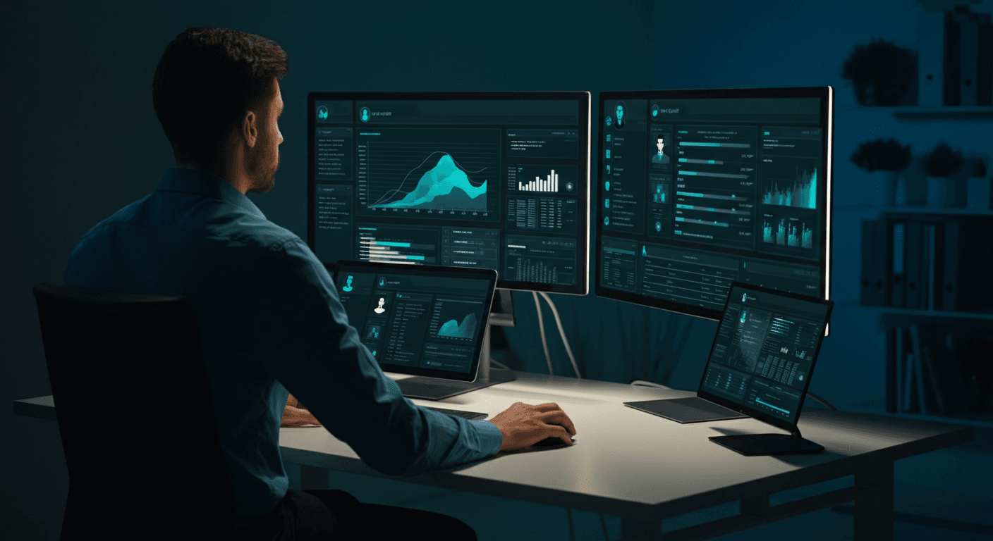 Sales professional using AI-powered prospecting tools and data dashboards to engage mid-market buyers